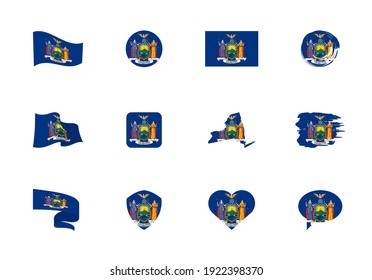 New York - flat collection of US states flags. Flags of twelve flat icons of various shapes. Set of vector illustrations