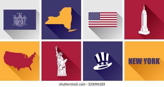 New York Flat Icon Set. Vector graphic flat icon images and symbols representing the US State of New York.