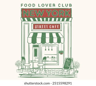 New York Food Club. Street Cafe Grafik-Print-Design für T-Shirt, Bekleidung, Plakate, Hintergrund und andere. Amerika lokale Lebensmittel Kunstwerk.