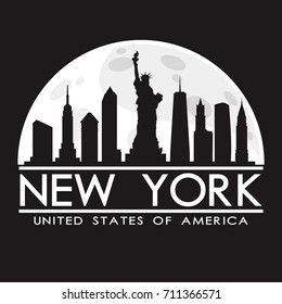 New York Full Moon Night Skyline Silhouette Design City Vector Art