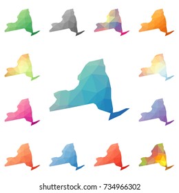 New York geometric polygonal, mosaic style US state maps collection. Bright abstract tessellation, low poly style, modern design. New York polygonal maps for your infographics or presentation.