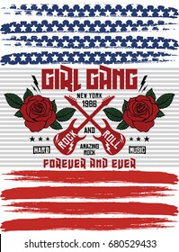 New York girl gang, rock and roll slogan fashion patch, rose with leaves, fashion patches, badges  typography, t-shirt graphics, vectors