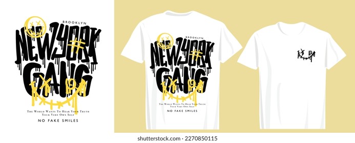 New York graffiti style text. Smiling happy face emoji grunge drawing. Vector illustration design for fashion graphics, t shirt prints.