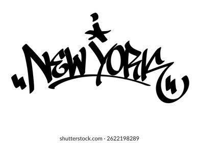 New York graffiti tag in bold black ink on white background. Urban street art lettering, iconic and dynamic city name design, perfect for branding, prints, streetwear, and digital projects.

