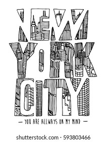 New York handgezeichnete Kunstwerke mit Slogan. Vektortypografie-Konzept. Vektorgrafik.Skycraper-Skizze. Bekleidung drucken. T-Shirt Grafik