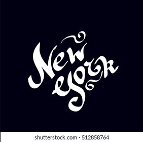 New York hand drawn bright text on dark background. NY City lettering. Calligraphy vector illustration of New York city words for label, t-shirt, print, badge, card.