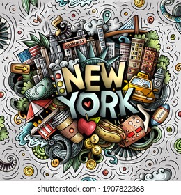 New York hand drawn cartoon doodle illustration. Funny City design. Creative art vector background. Handwritten text with elements and objects. Colorful composition