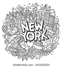 New York hand drawn cartoon doodle illustration. Funny City design. Creative art vector background. Handwritten text with elements and objects.