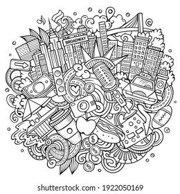 New York hand drawn cartoon doodle illustration. Funny City design. Creative art vector background. Sketchy composition with American elements and objects.