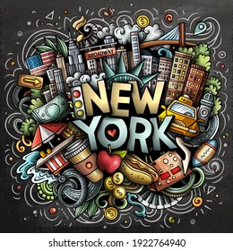 New York Hand Drawn Cartoon Doodle Illustration. Funny City Design. Creative Art Vector Background. Handwritten Text With Elements And Objects. Colorful Composition