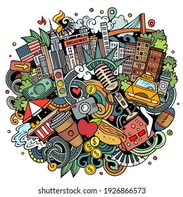 Dibujo a mano en Nueva York ilustraciones de doodle. Diseño divertido de la ciudad. Fondo vectorial de arte creativo. Composición colorida con elementos y objetos norteamericanos. Vector de stock