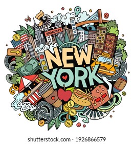 New York hand drawn cartoon doodle illustration. Funny City design. Creative art vector background. Handwritten text with elements and objects. Colorful composition