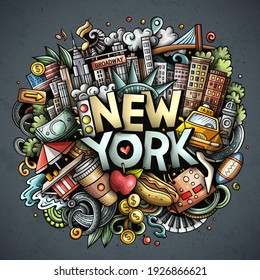 Dibujo a mano en Nueva York ilustraciones de doodle. Diseño divertido de la ciudad. Fondo vectorial de arte creativo. Texto manuscrito con elementos y objetos. Composición colorida