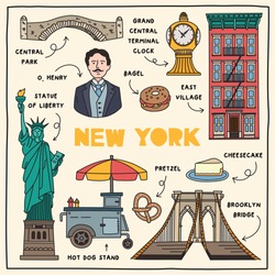 New York. Hand Drawn Illustration Of Different Landmarks And Symbols. 