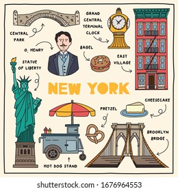 New York. Hand drawn illustration of different landmarks and symbols. 