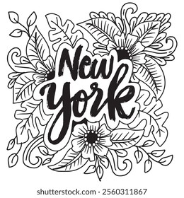 New york hand drawn lettering with flowers. Vector illustration.	