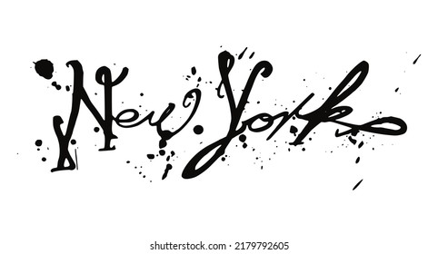New York hand drawn letters written with a brush. City in the USA where is all fun original splashy font outline illustration image. Brand name of one town single illustration. Isolated text graphic.
