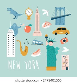 New York hand drawn poster, decoration with famous symbols and landmarks of city.