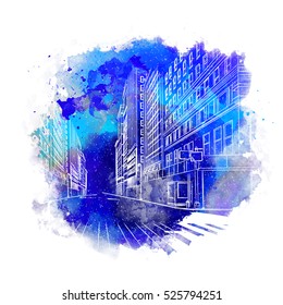 New York hand drawn vector on watercolor background