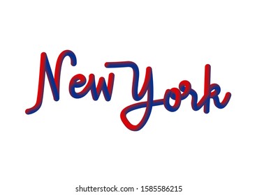 New York hand lettering with red and blue 3d effect on white background.