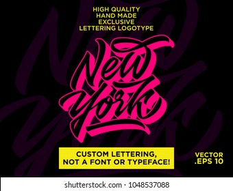 New York hand made calligraphic lettering logotype in dynamic brush style. Typographic design work in neon colors best for t-shirt prints, greetings, media. New York city theme in original style.