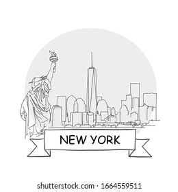 New York Hand-Drawn Urban Vector Sign. Black Line Art Illustration with Ribbon and Title.
