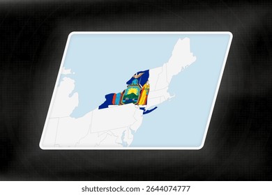 New York Highlighted in Flag Colors on Geographic Map. Modern Map on a dark abstract backdrop.