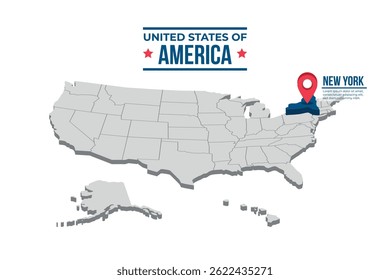 New York Highlighted On A 3D Isometric Map Of The United States Of America