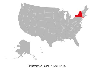 New york highlighted on USA political map. Gray background.