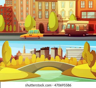 Banners horizontales de Nueva York con transporte urbano en el centro y parque central de la isla de Manhattan ilustración vectorial plana Vector de stock