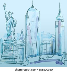 New York iconic building vector watercolor sketch - city architecture