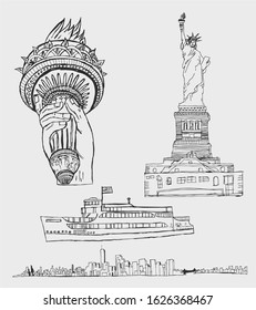 new york icons liberty monument tour boat skyscrapers vector art