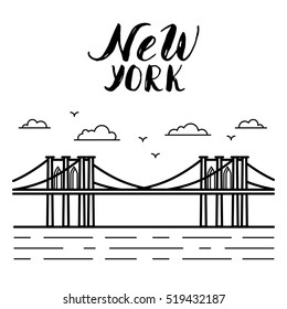 New York illustration with Brooklyn bridge modern calligraphy.