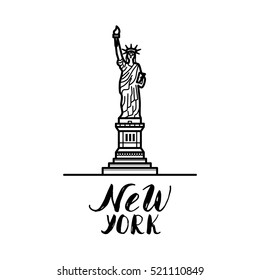 New York illustration with modern calligraphy and statue of liberty.