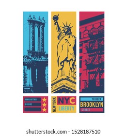 New York illustration with Statue of liberty and Brooklyn bridge , typography, tee shirt graphics, vectors, 