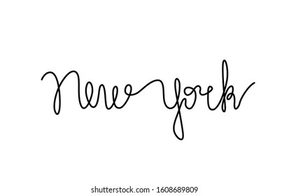 New York inscription continuous line drawing, hand lettering small tattoo, print for clothes, t-shirt, emblem or logo design, one single line on a white background, isolated vector illustration