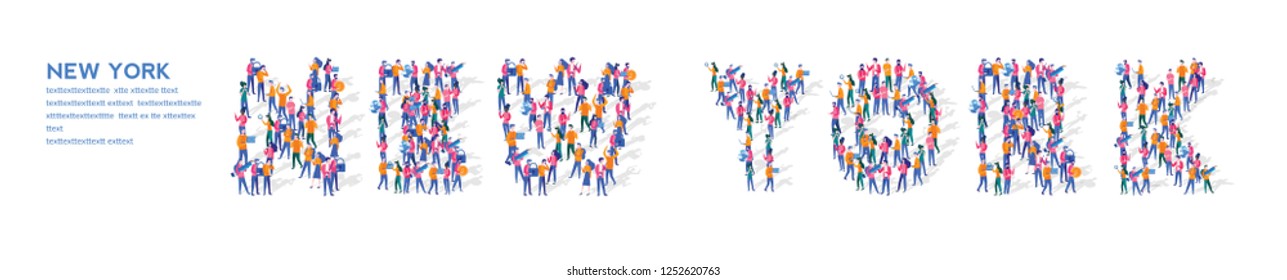 New York Isometric Vector Concept, Group of business people are gathered together in the shape of New York word, for web page, banner, presentation, social media, Crowd of little people. teamwork