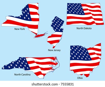 New York, New Jersey, North Dakota, North Carolina, Ohio outlines with flags, each individually grouped