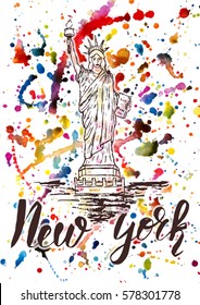 New york label with hand drawn the Statue of Liberty , lettering New york on multicolored watercolor background