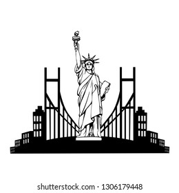 New York landmark. American symbol. Statue of Liberty demonstrates Independence. Black and white vector illustration. USA logo design