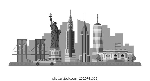 Nuevos Lugares famosos de York. Fondo del horizonte de la capital de EE.UU. para postal, Anuncio, cartel. Paisaje urbano de Nueva York. Estadounidense de fama mundial de turismo arquitectónico. Ilustración vectorial plana gráfica en colores blanco-gris.