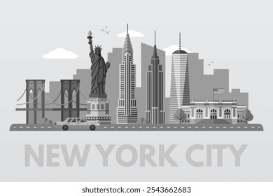 New York landmarks. USA capital skyline background for postcard, banner, poster. NY cityscape. American world famous architectural sightseeing. Graphic flat vector illustration in white-gray colors.