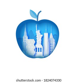 New York landscape in apple form frame in paper cut style. Cut out map silhouette skyscraper, Statue of Liberty, business center from cardboard. Vector 3D illustration of NYC papercut panorama