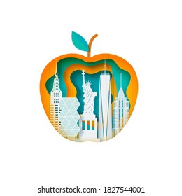 New York landscape in apple form frame in paper cut style. Cut out silhouette skyscraper, Statue of Liberty, business center from cardboard. Vector 3D illustration of NYC papercut panorama