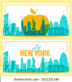 New York landscape and big apple - symbol of the city two flyers in a flat style. Vector NYC city cards set with panorama silhouette skyscraper, Statue of Liberty, airport, cathedral, museum, gallery.