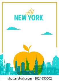 New York landscape and big apple - symbol of the city in paper cut style. Vector NYC city card illustration with panorama silhouette skyscraper, Statue of Liberty, airport, cathedral, museum, gallery.