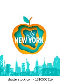 New York landscape and layered apple form in paper cut style. Cut out silhouette skyscraper, Statue of Liberty, business center from cardboard. Vector 3D illustration of NYC papercut panorama