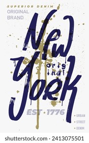 New York lettering. Brush stroke urban graffiti style New York typography. Inscription is freehand with a brush. Vector design for slogan tee, t shirt, print, fashion graphic, poster, card, texture.