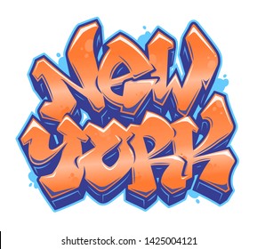 New York lettering in readable graffiti style in vibrant orange and blue customizable colors. Isolated on white background.