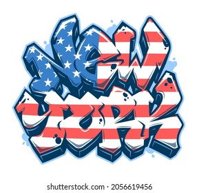 New York lettering in readable graffiti style with United States of America flag. Isolated on white background.